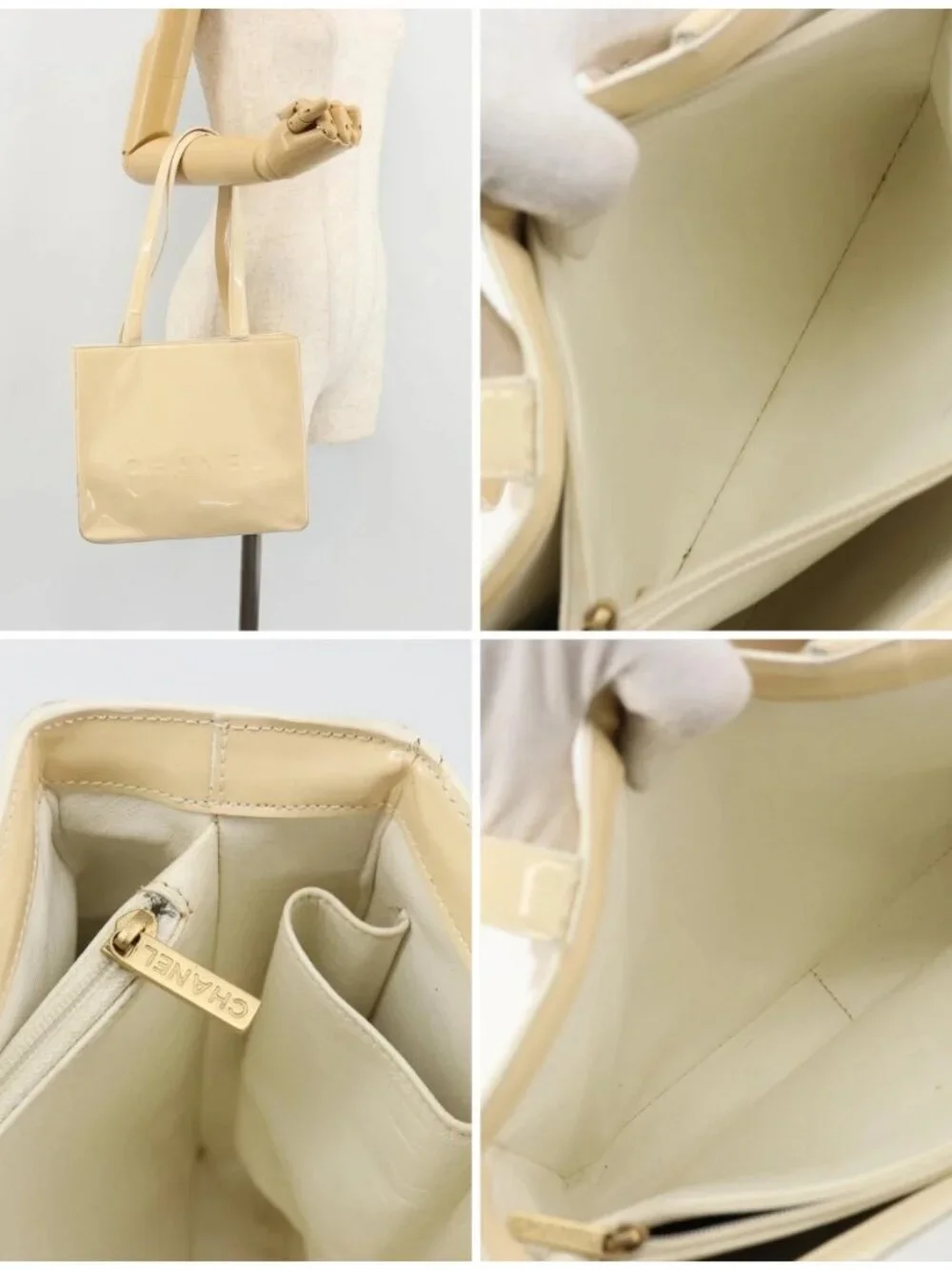 CHANEL Tote Bag Patent leather Ivory Gold CC Auth bs34540